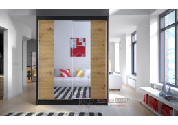 CAMILA II, šatní skříň s posuvnými dveřmi 150cm, černá / dub artisan / zrcadla