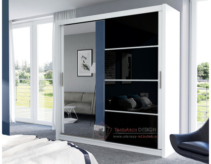 BRANDON, šatní skříň s posuvnými dveřmi 150cm, bílá / černé sklo / zrcadlo