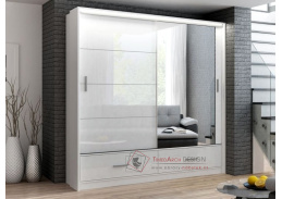 MARSYLIA, šatní skříň s posuvnými dveřmi s 2-ma zásuvkami a LED osvětlením 203cm, bílá / bílý lesk / zrcadlo