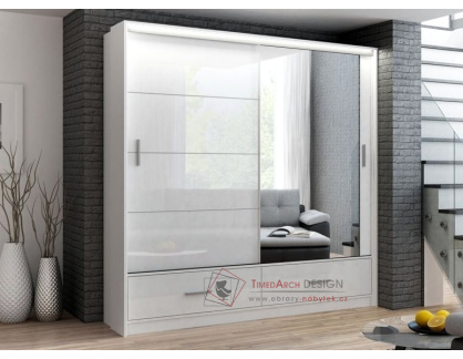 MARSYLIA, šatní skříň s posuvnými dveřmi s 2-ma zásuvkami a LED osvětlením 203cm, bílá / bílý lesk / zrcadlo