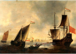 A-2211 Jacob Bellevois - Holandské lodě a čluny na moři s městem v pozadí