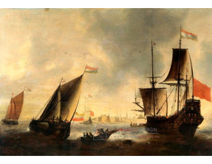 A-2211 Jacob Bellevois - Holandské lodě a čluny na moři s městem v pozadí