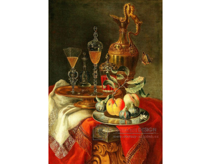 A-1481 Neznámý autor - Zátiší s ovocem, sklenicemi a pozlaceným stříbrným džbánem na stole