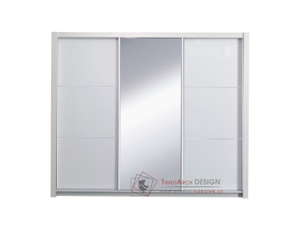 ASIENA, šatní skříň s posuvnými dveřmi 258cm, bílá / bílý lesk / zrcadlo