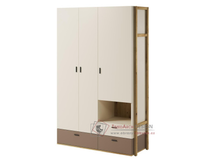 LIMERA, šatní skříň 3-dveřová se 3-mi zásuvkami 135cm, dub artisan / béžová / lanýžová