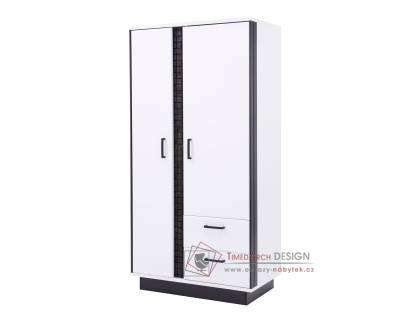 MARCO MR9, šatní skříň 2-dveřová se 2-mi zásuvkami a LED osvětlením, bílá / černá / bílý lesk