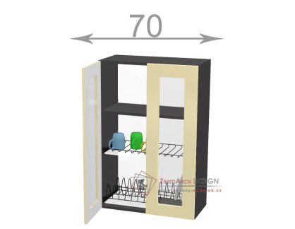 horní vysoká vitrína s odkapávačem š.70, v.92, Horizon WD7092G, bílá/ořech tmavý