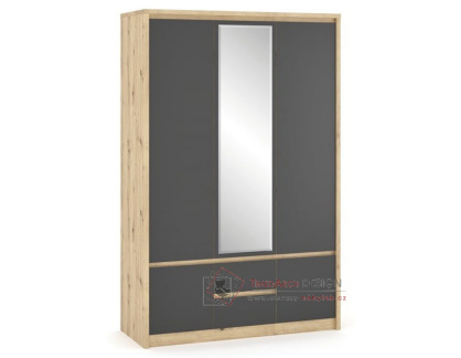 DOMINIKA, šatní skříň 3-dveřová se 2-mi zásuvkami 141cm, dub artisan / šedá / zrcadlo