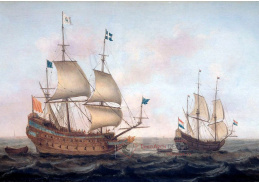 VL197 Jacob Gerritz Loef - Francouzská válečná loď v doprovodu holandské lodi v klidné vodě