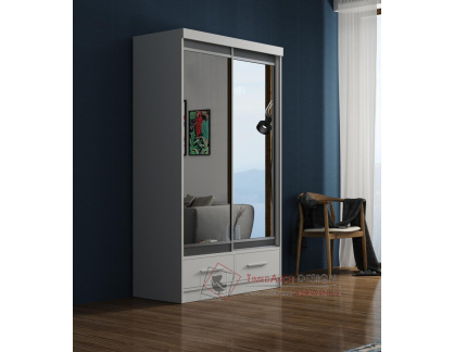 MARGITA, šatní skříň s posuvnými dveřmi a 2-mi zásuvkami 120cm, bílá / zrcadlo