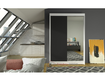 LINORA I, šatní skříň s posuvnými dveřmi 120cm, bílá / černá / zrcadlo