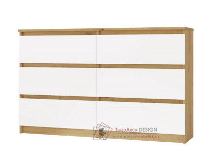 MALVÍNA M6, komoda se 6-ti zásuvkami 120-30cm, dub artisan / bílá