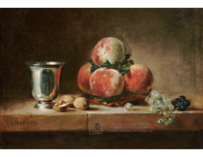KO IV-128 Jean Simeon Chardin - Zátiší s broskvemi, stříbrným pohárem, hroznovým vínem a  vlašskými ořechy
