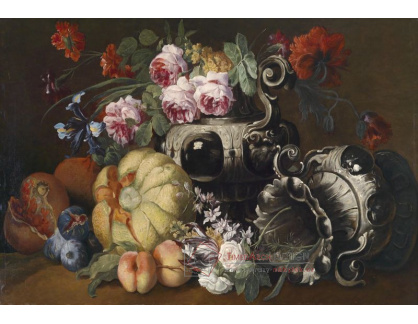 VKZ 464 Abraham Brueghel - Květinové a ovocné zátiší se dvěma barokními dekorativními vázami