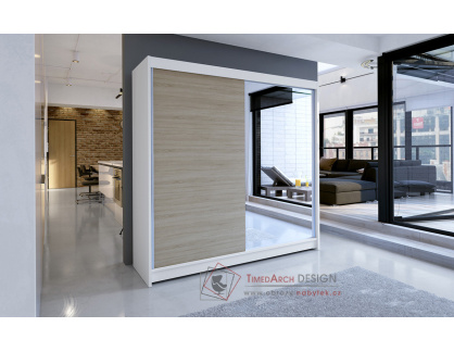 TAISA I, šatní skříň s posuvnými dveřmi 180cm, bílá / dub sonoma / zrcadlo