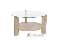 CLARA, konferenční stolek pr. 75cm, travertine / čiré sklo