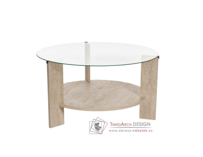 CLARA, konferenční stolek pr. 75cm, travertine / čiré sklo