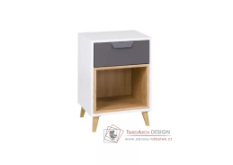 POKER R11, noční stolek se zásuvkou, bílá / grafit / šedá / dub lefkas