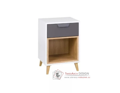 POKER R11, noční stolek se zásuvkou, bílá / grafit / šedá / dub lefkas
