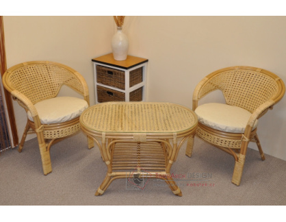 Ratanová sedací souprava Kina malá medová stolek ovál, polstry béžový melír