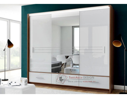 AMSTERDAM, šatní skříň s posuvnými dveřmi a 3-mi zásuvkami 255cm, ořech / bílé sklo / zrcadlo