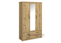 AIRON, šatní skříň 3-dveřová se 4-mi zásuvkami 128cm, dub artisan / zrcadlo