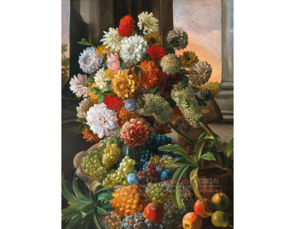 A-4623 Leopold von Stoll - Bohaté zátiší s kyticí květin, hroznů, broskví a s opicí