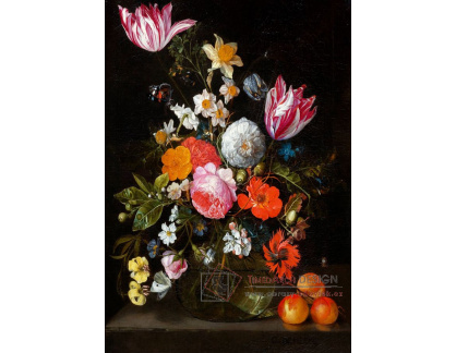D-9126 Jan de Heem - Květiny ve skleněné váze na kamenné desce s hmyzem a meruňkami