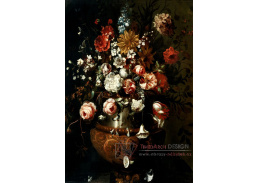 A-2933 Neznámý autor - Růže, karafiáty, slunečnice a další květiny v bronzové váze