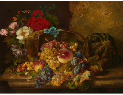 A-6898 Francesco Malacrea - Zátiší s květinami, hrozny, jahodami, broskvemi, angreštem a švestkami