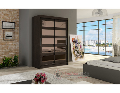 MIKADO IV, šatní skříň s posuvnými dveřmi 120cm, čokoláda / kouřové sklo