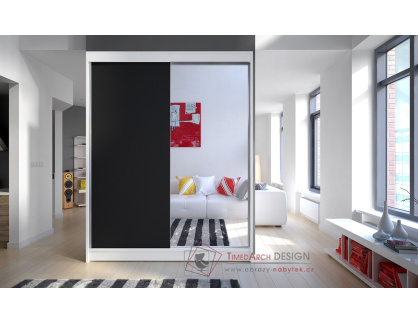 CAMILA I, šatní skříň s posuvnými dveřmi 150cm, bílá / černá / zrcadlo