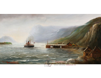 A-3133 Alfred Jensen - Lot v norského fjordu s lodí připlouvající do osady
