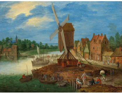 A-3743 Pieter Gijsels - Postavy v krajině řeky s vesnicí a větrným mlýnem
