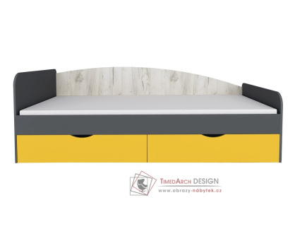 DISNEY, postel 90x200cm, dub kraft bílý / šedý grafit / žlutá