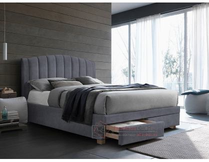 EM VELVET, čalouněná postel s úložným prostorem 160x200cm, dub / látka šedá