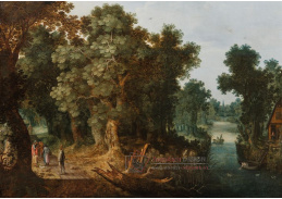 A-1853 Abraham Govaerts - Zalesněná říční krajina s postavami na cestě a rybáři ve veslici