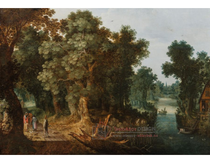 A-1853 Abraham Govaerts - Zalesněná říční krajina s postavami na cestě a rybáři ve veslici