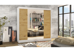 BAJA II, šatní skříň s posuvnými dveřmi 200cm, bílá / dub artisan / zrcadlo