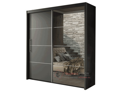 KAIPO, šatní skříň s posuvnými dveřmi 200cm, šedá / zrcadlo