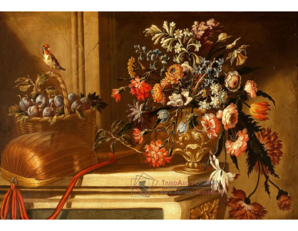 A-2309 Johann Adalbert Angermeyer - Květiny ve váze a košíku se švestkami a ptáčkem