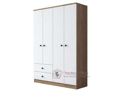 DORZANO, šatní skříň 4-dveřová se 2-ma zásuvkami 120cm, ořech / bílá