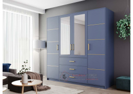 BASILIO D4, šatní skříň 4-dveřová se 3-mi zásuvkami 196cm, modrá / zrcadla