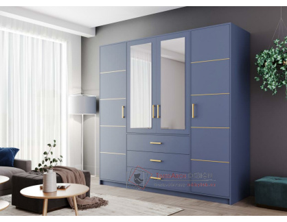 BASILIO D4, šatní skříň 4-dveřová se 3-mi zásuvkami 196cm, modrá / zrcadla