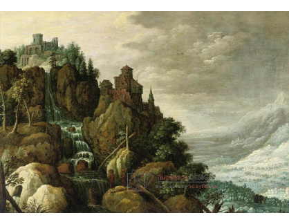 A-7593 Marten Rijckaert - Hornatá krajina s vodopádem a opevněním na skalách