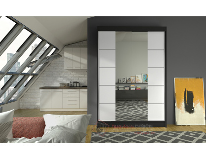 LINORA V, šatní skříň s posuvnými dveřmi 120cm, černá / bílá / zrcadlo