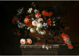 A-1380 Simon Hardimé - Zátiší z květin s růžemi, tulipány a hortenzií a s papouškem