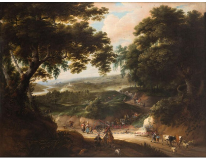 A-8734 Matthijs Schoevaerdts a Francois Coppens - Rozsáhlá zalesněná krajina s postavami a elegantním jezdcem