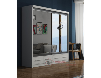 MARGITA, šatní skříň s posuvnými dveřmi a 4-mi zásuvkami 200cm, bílá / zrcadla