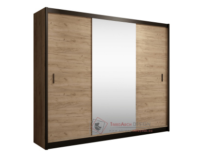 CRAFT, šatní skříň s posuvnými dveřmi 250cm, černá / dub craft / zrcadla
